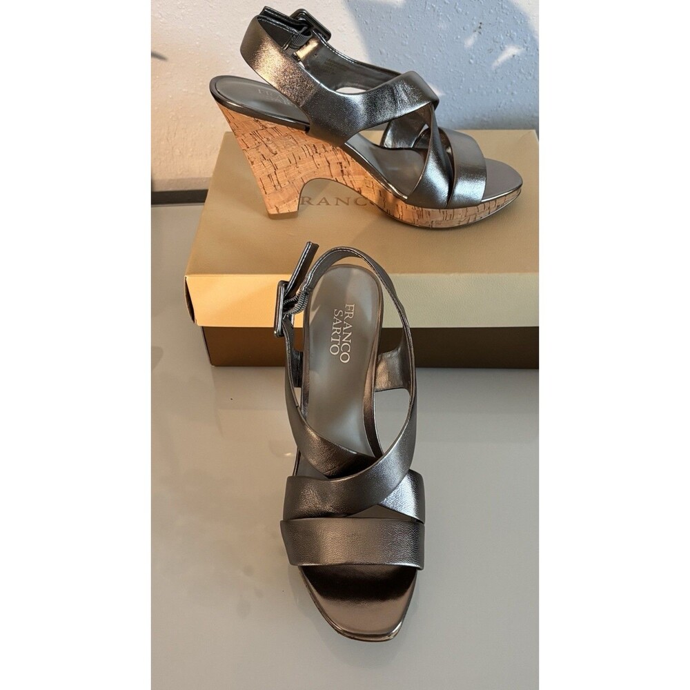 Franco‎ Sarto Women's L-Talka-Accaio Silver  Cork Heel Sandals Size 8M NW BOX
